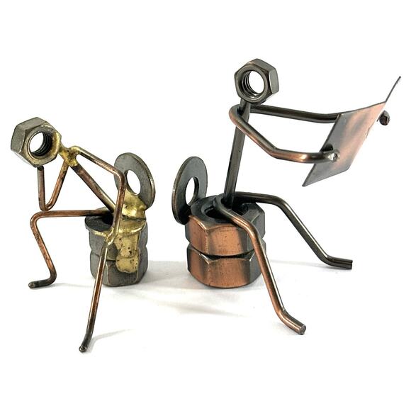 Handmade Metal Nut and Bolt Figures Set Reading & Thinking 3” - Picture 1 of 5